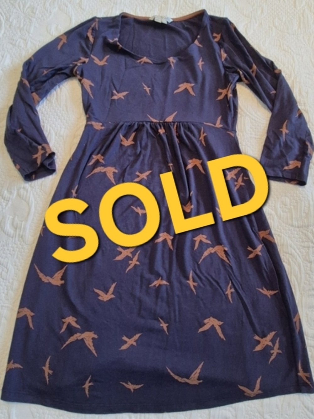 Boden women's 4P US navy dress with brown bird print, 3/4 sleeve VGUC